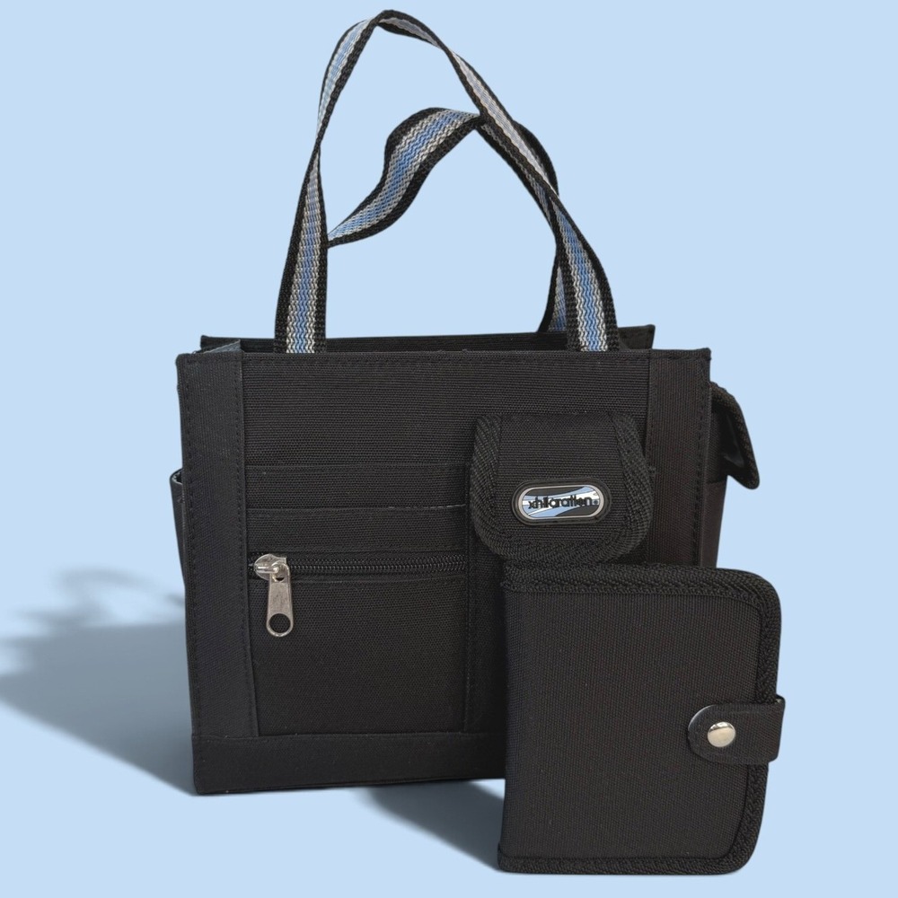 Xhilaration Black Canvas Mini Tote Bag with Matching Wallet Utility Y2K Sporty